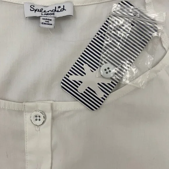 Splendid White Round Neck Button-Placket Ruffle-Sleeve Poplin Shirt Womens Large - Picture 9 of 11